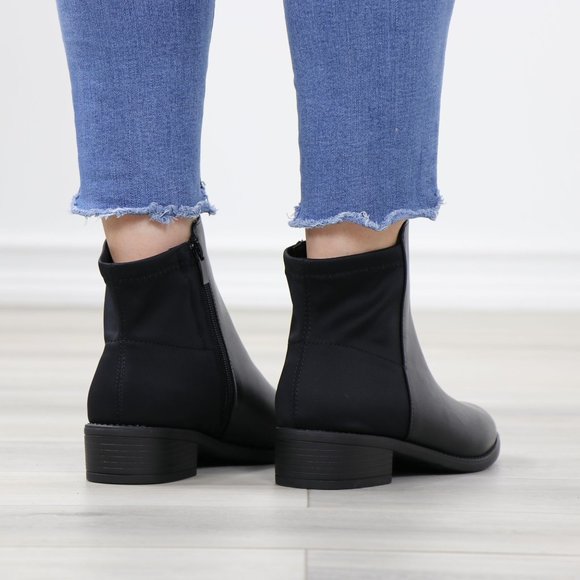 Black Dual Material Round Toe Low Heel Ankle Boots - Picture 7 of 12
